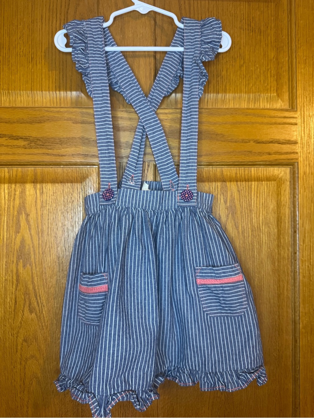 Matilda Jane Girls Pinstripe Suspender Romper Ruffle Skirtall Pockets